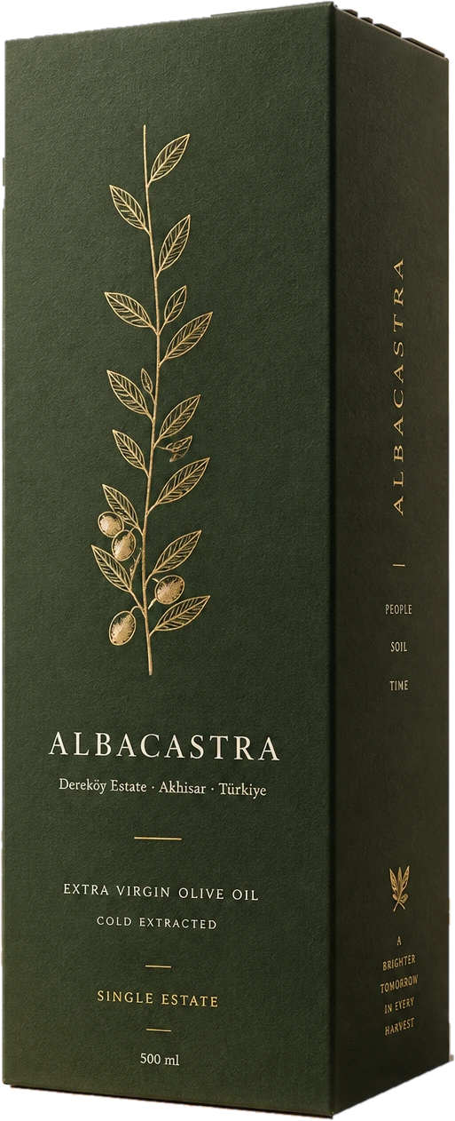 The Albacastra carton in deep olive board with a gold-foil olive branch