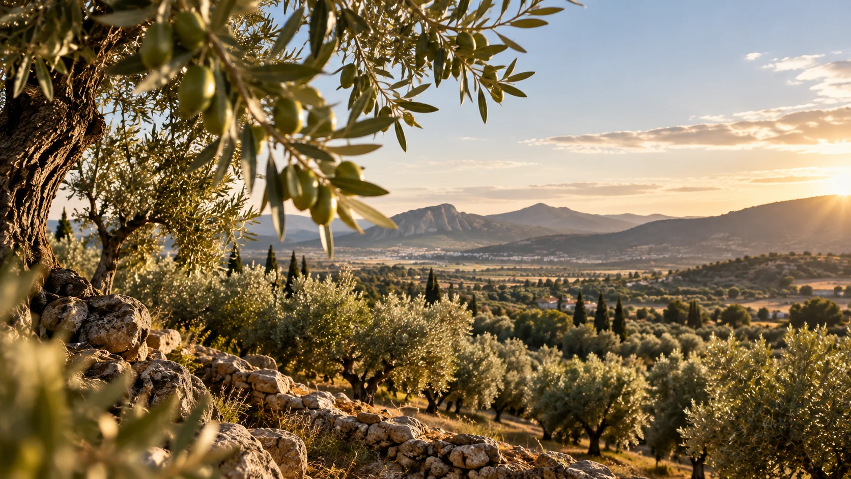 Olive groves on the slopes above Akhisar at golden hour