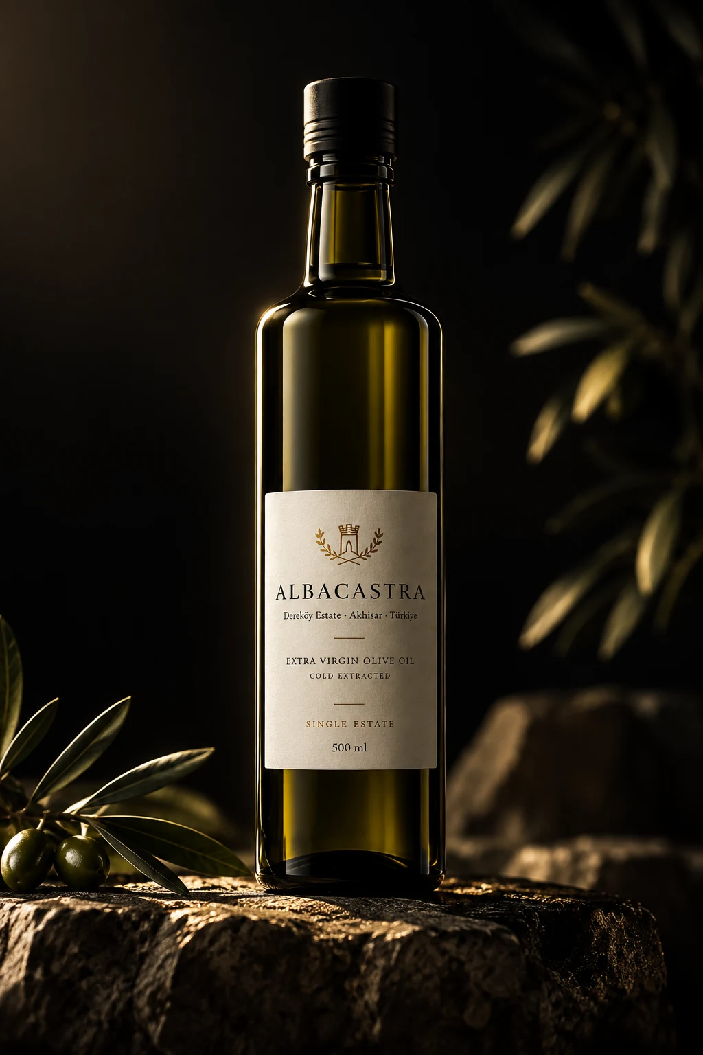 The Albacastra bottle on a stone plinth in low, raking light