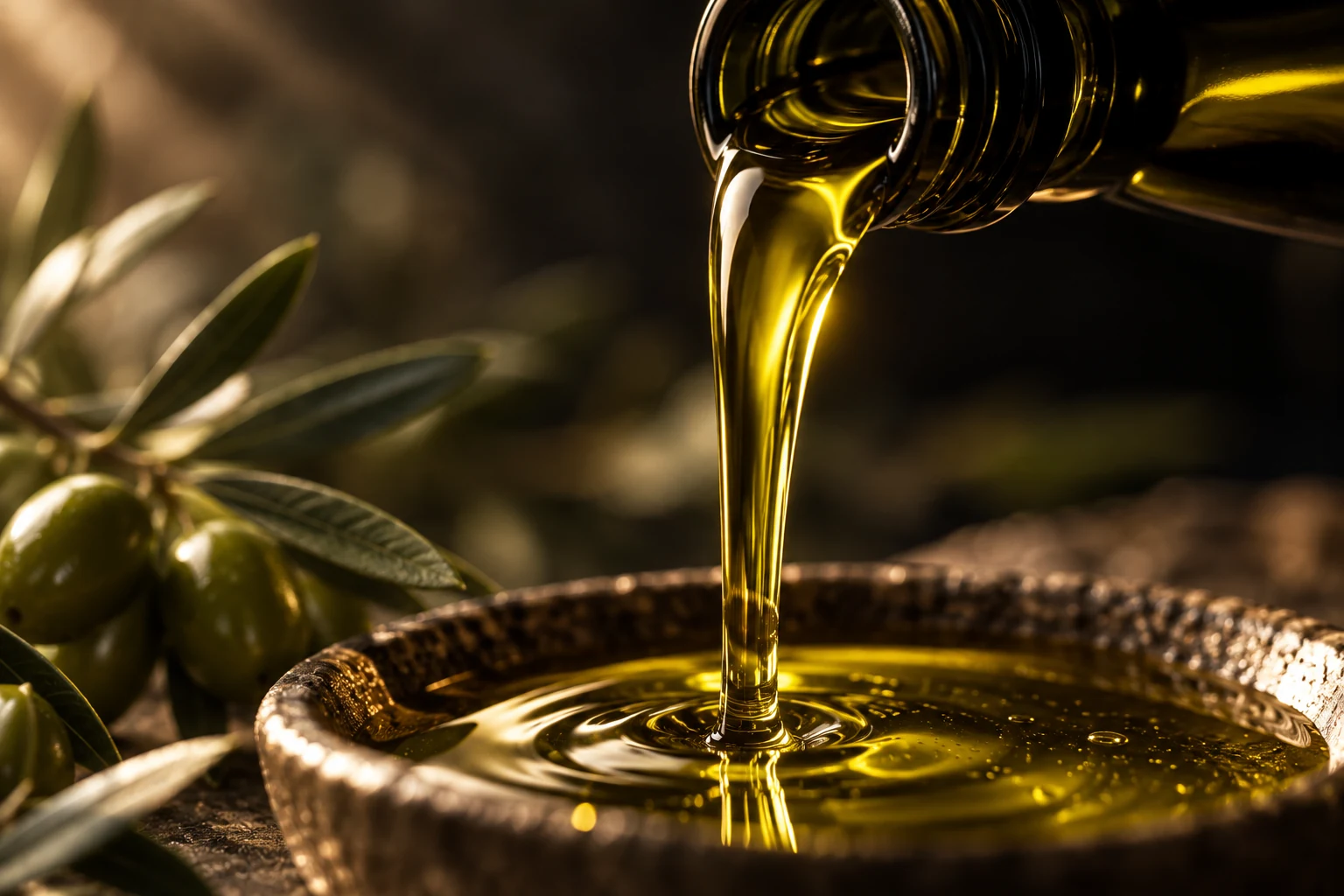 Green-gold olive oil pouring into a stone bowl