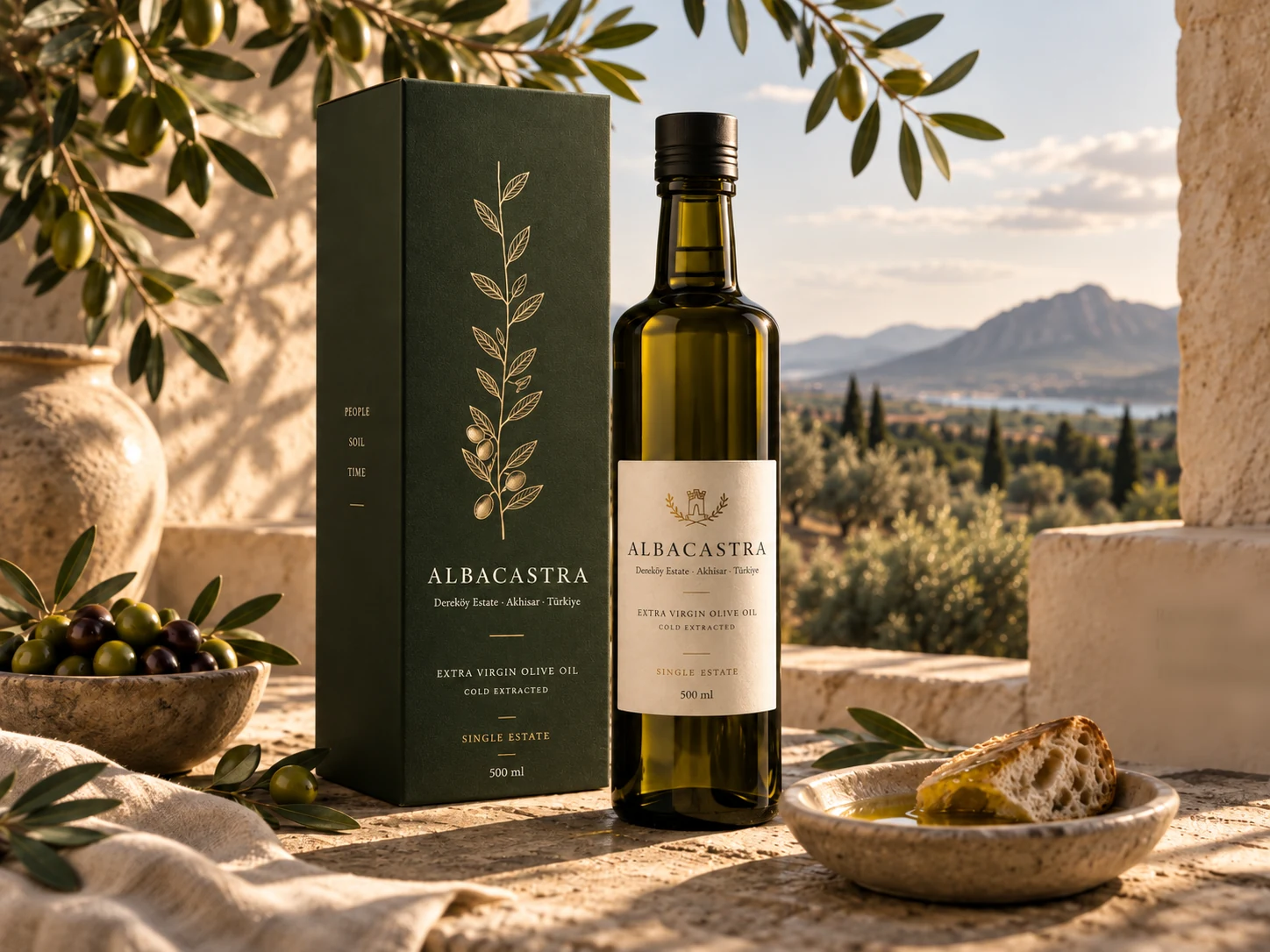 The Albacastra bottle and carton on a stone ledge above the Akhisar valley